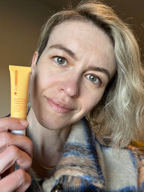 megan mcintyre wearing olehenriksen's pout preserve peptide lip treatment