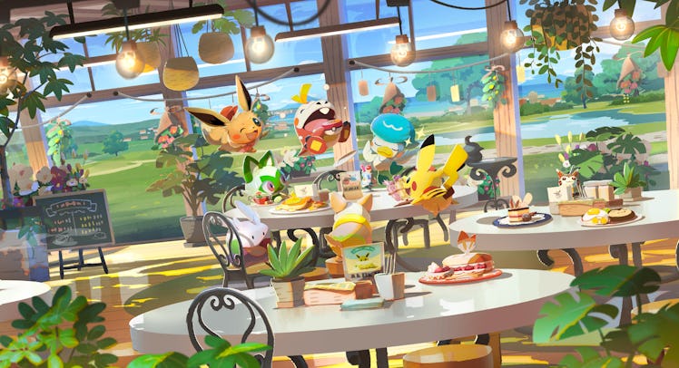 Pokémon Cafe Remix characters Eevee, Pikachu, Goomy, Quaxly, Sprigatito, and Yamper