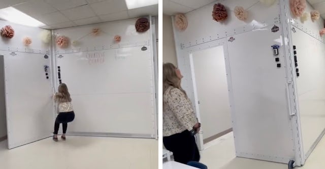 The rapid-deploy safe room folds out from a floor-to-ceiling classroom whiteboard that can expand in...