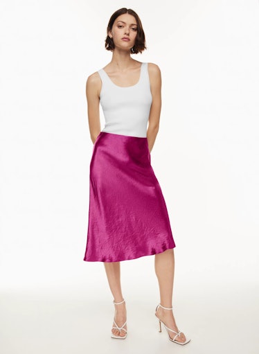 A Cute Fall Outfit For When It's Still Warm: Silk Slip Skirts