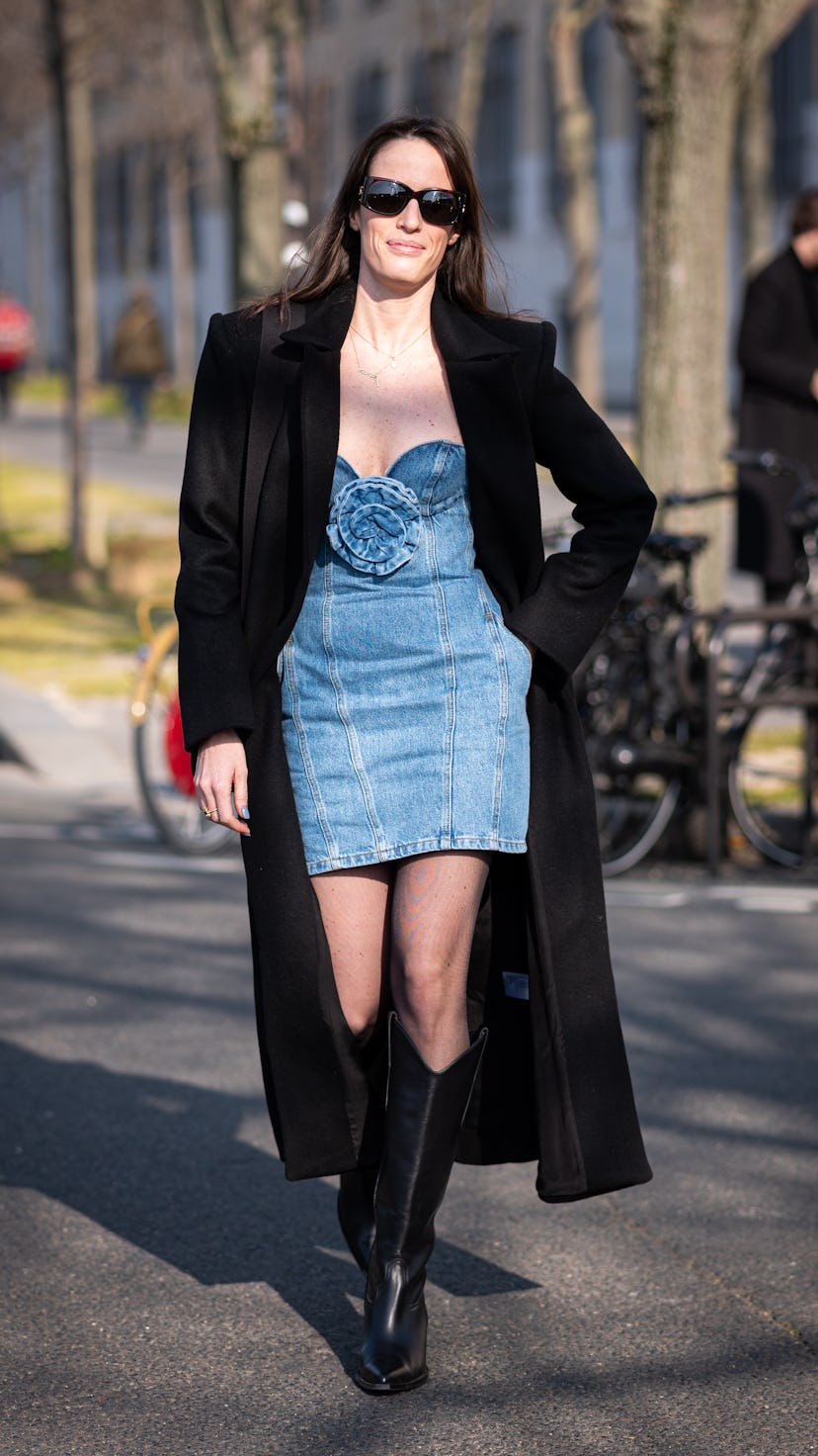 denim mini dress street style