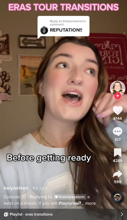 A TikToker does a Taylor Swift 'Eras Tour' outfit transition idea on TikTok with a song from 'Reputa...