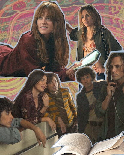 Collage of characters from Daisy Jones and the Six affixed to a groovy 70's background
