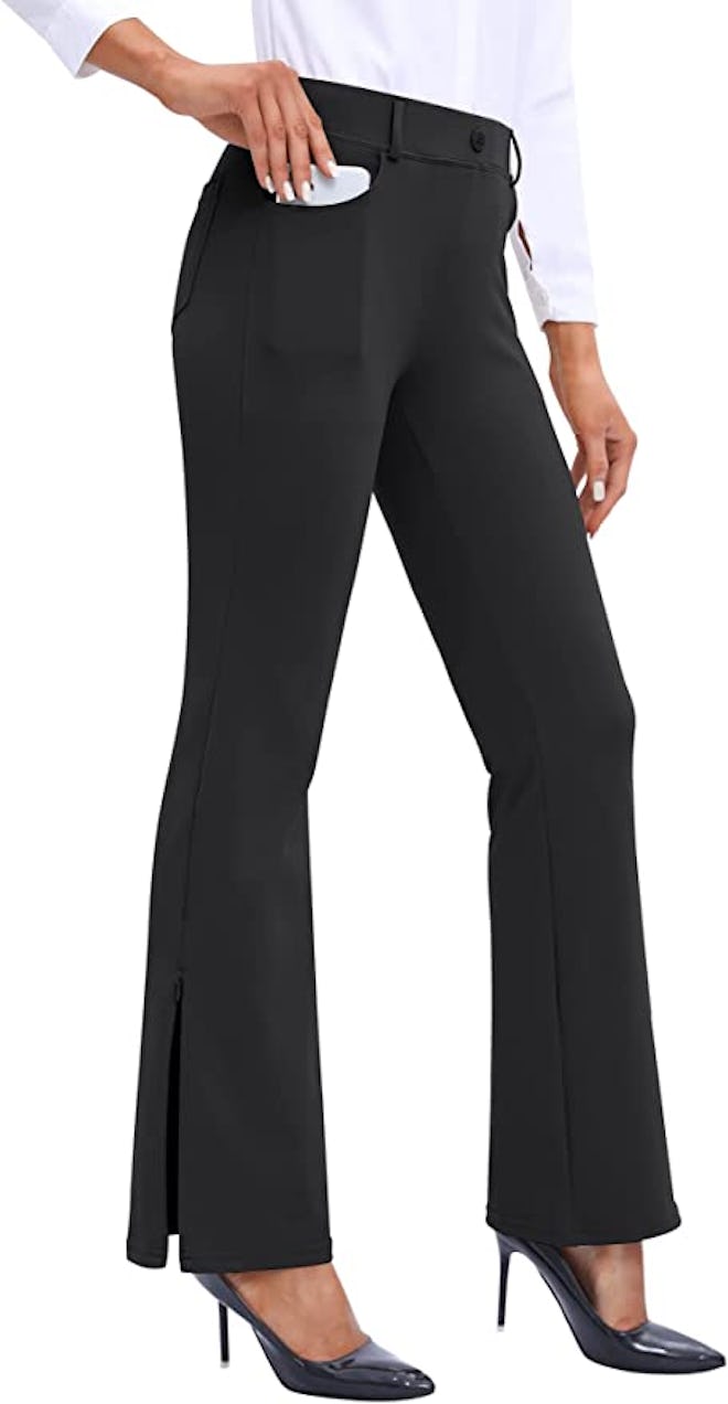 These work pants that feel like yoga pants feature a hidden zipper to customize the flare hem.