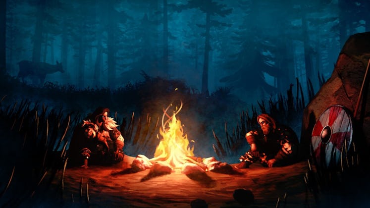 Two Vikings sitting at a campfire in Valheim