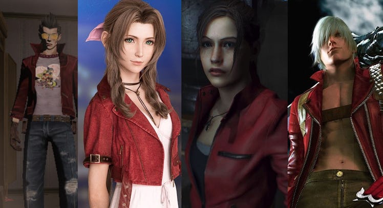 Travis Touchdown, Aerith, Claire Redfield, and Dante all in red leather jackets