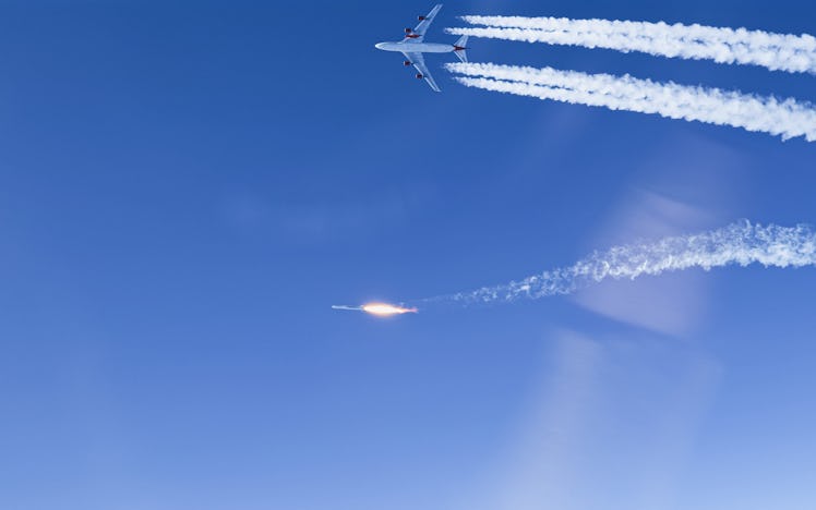 An image of the LauncherOne rocket launching from Virgin Orbit's jumbo jet.
