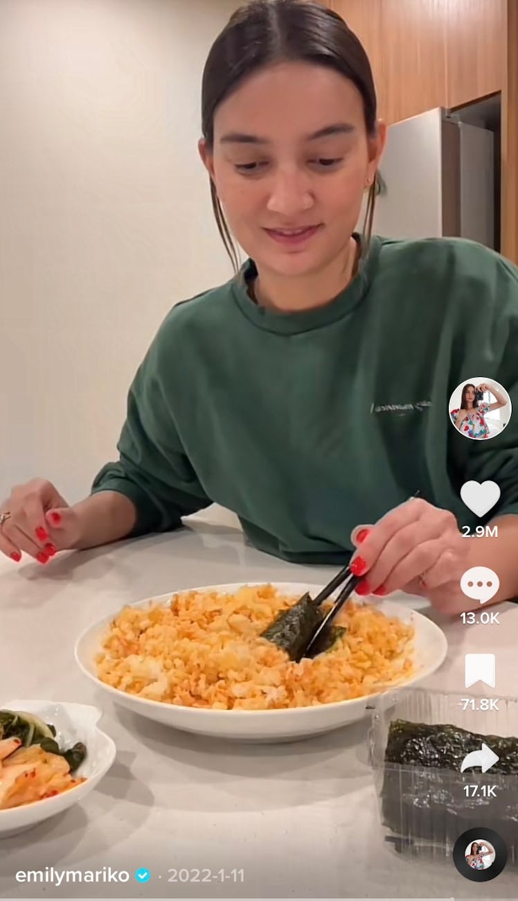 Emily Mariko's salmon rice bowl recipe on TikTok is an easy lunch recipe for beginners. 