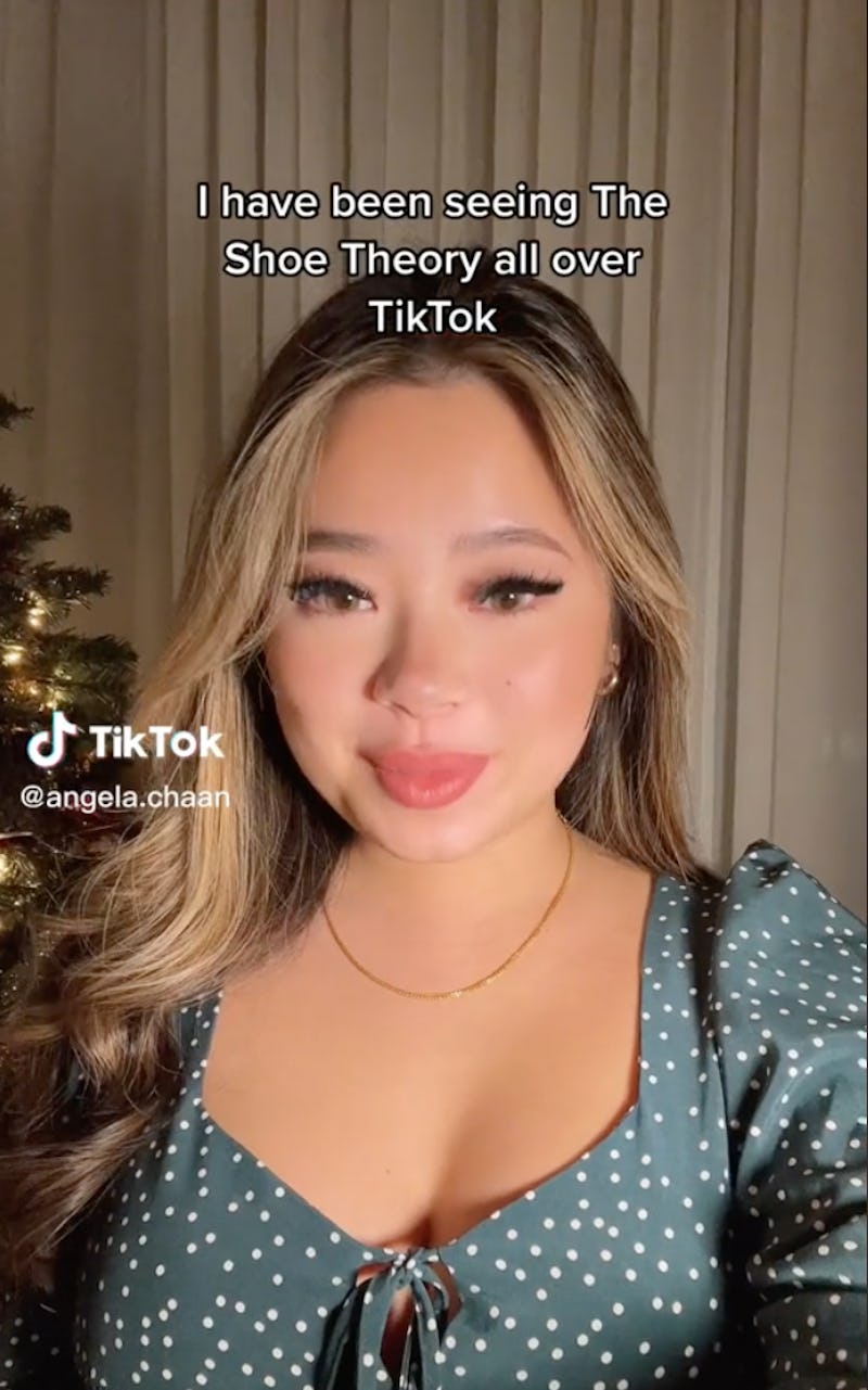 Screenshot of TikTok user Angela.chaan explaining the shoe theory. 