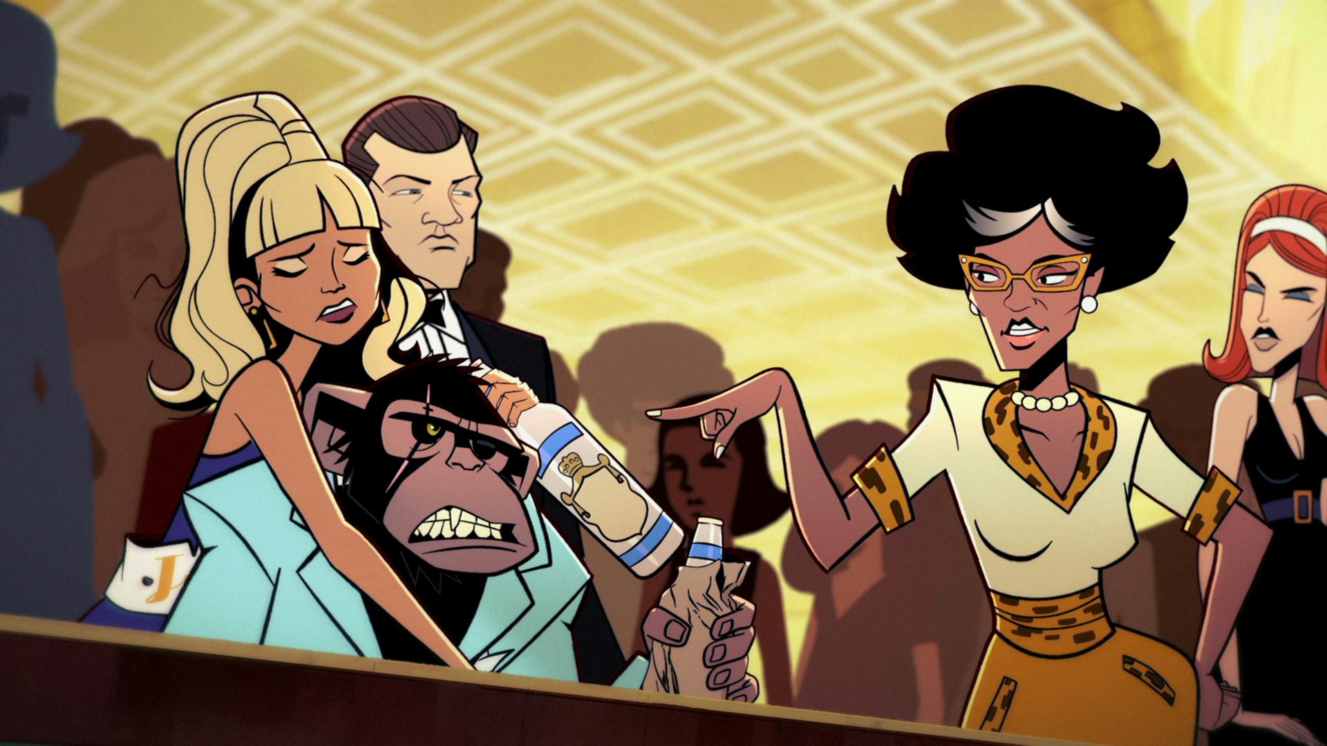 Bertie speaks to Scatter on Netflix&rsquo;s &lsquo;Agent Elvis.&rsquo; Photo via Netflix