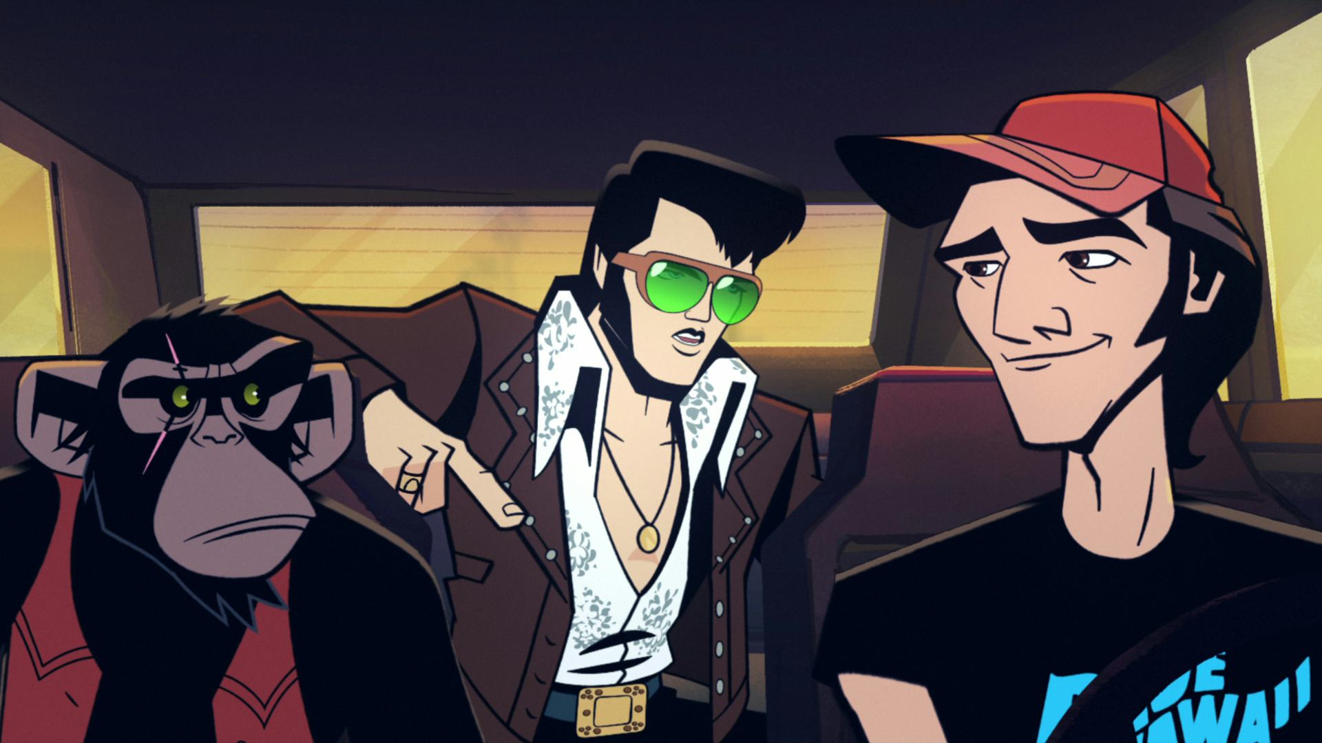Scatter, Elvis, and Bobby Ray drive together on &lsquo;Agent Elvis.&rsquo; Photo via Netflix