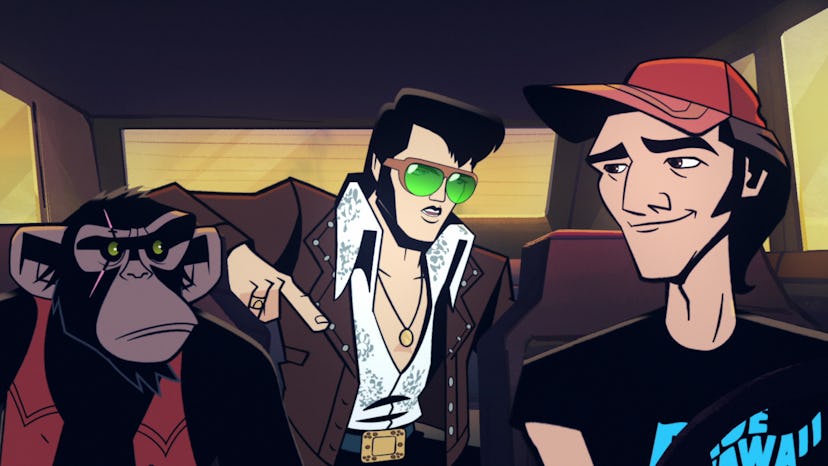 Scatter, Elvis, and Bobby Ray drive together on 'Agent Elvis.' Photo via Netflix
