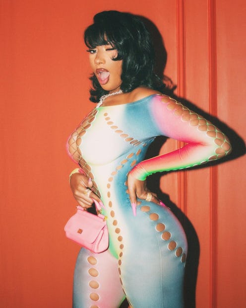 Megan Thee Stallion rainbow catsuit and bangs