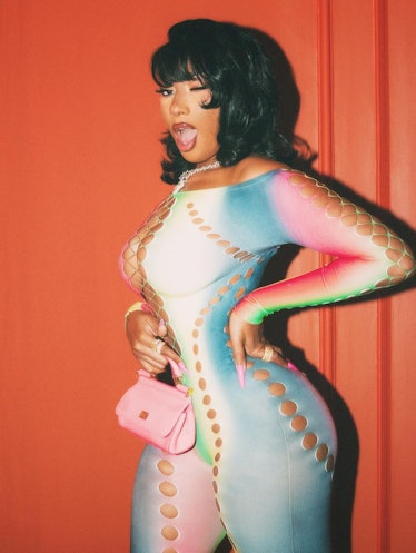 Megan Thee Stallion rainbow catsuit and bangs