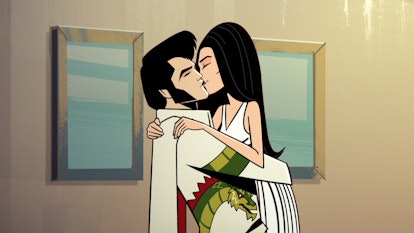 Animated Priscilla and Elvis Presley kiss in 'Agent Elvis' on Netflix. Photo via Netflix