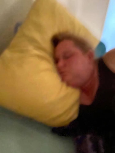 sleeping mom on yellow pillow