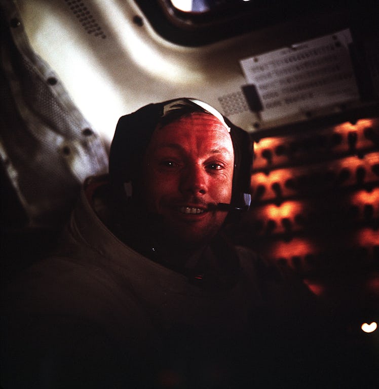 Neil Armstrong aboard the lunar module on the Moon’s surface.