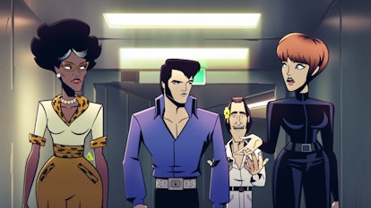 Characters CeCe, Elvis, and Bertie walk together in 'Agent Elvis' on Netflix. Photo via Netflix