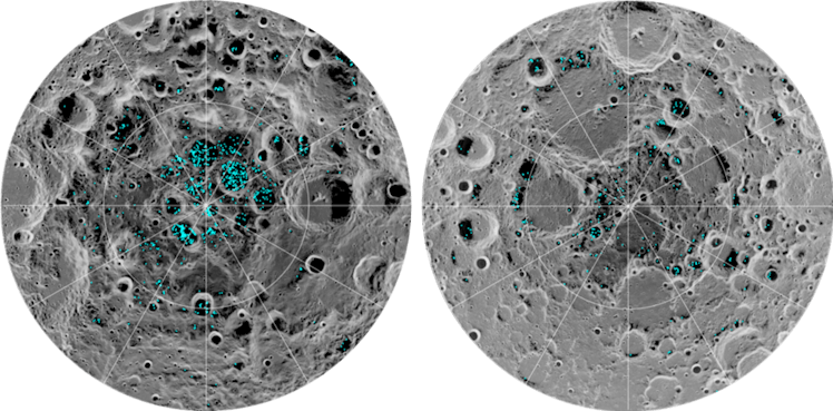 The image shows the distribution of surface ice at the Moon’s south pole (left) and north pole (righ...