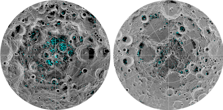 The image shows the distribution of surface ice at the Moon’s south pole (left) and north pole (righ...