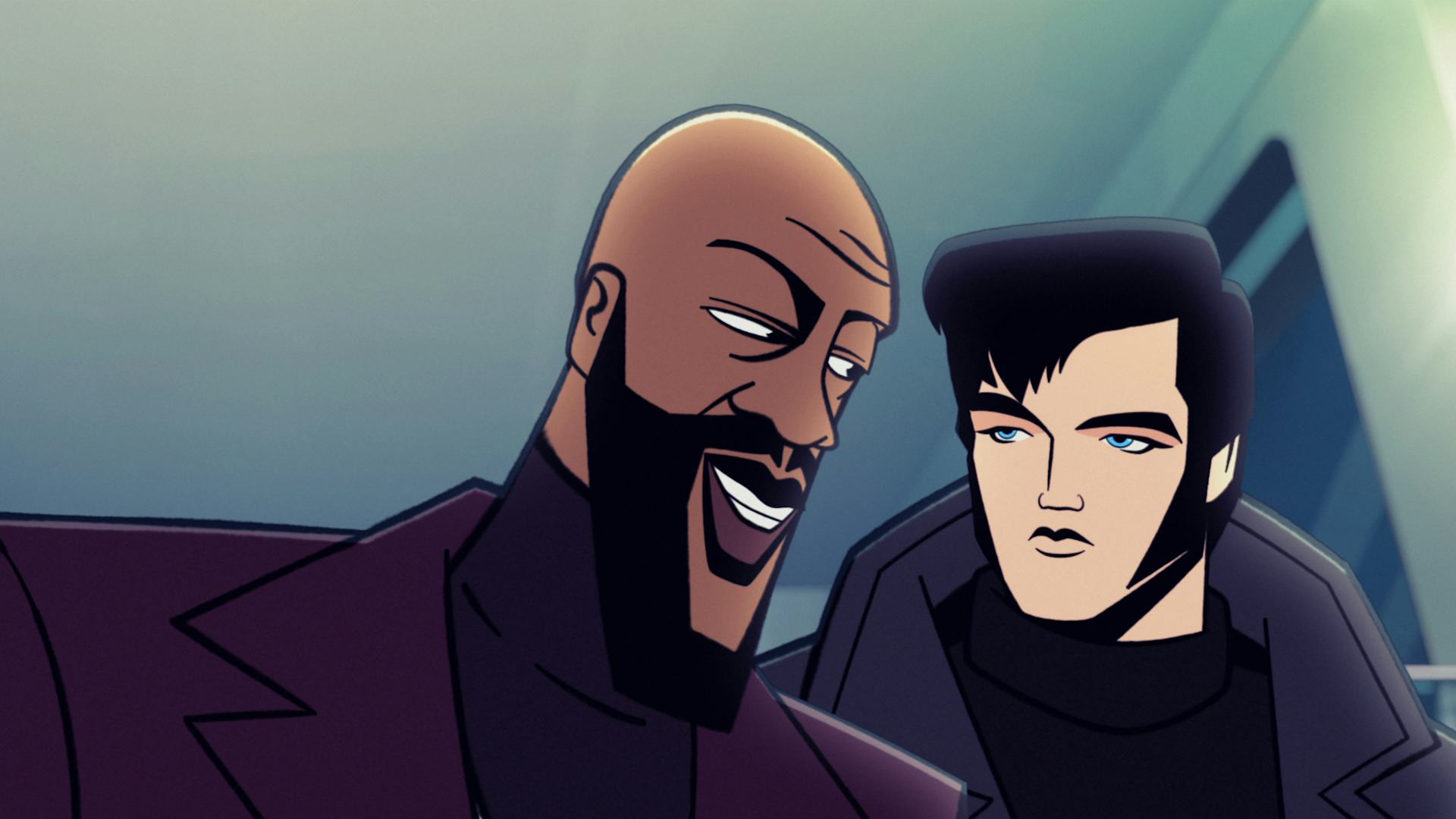 The Commander and Elvis talk in &lsquo;Agent Elvis&rsquo; on Netflix. Photo via Netflix