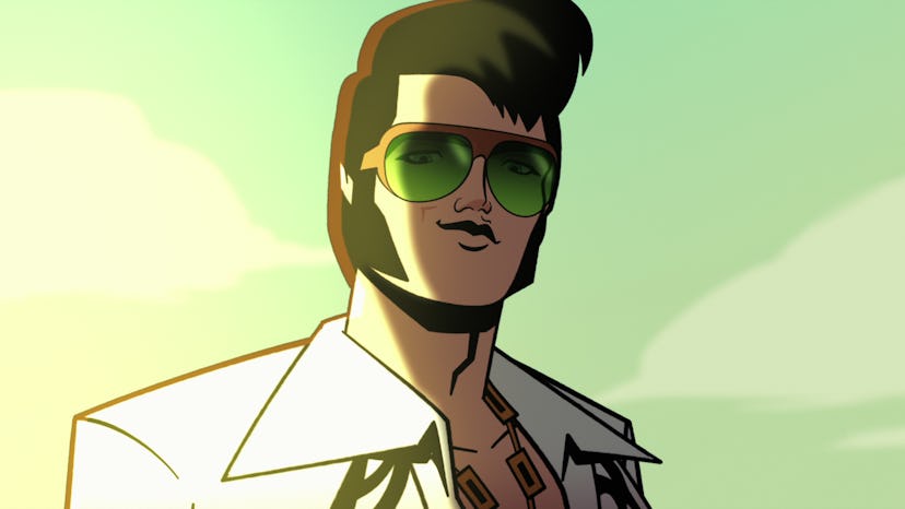 Animated Elvis Presley in Netflix ‘Agent Elvis,’ voiced by Matthew McConaughey. Photo via Netflix