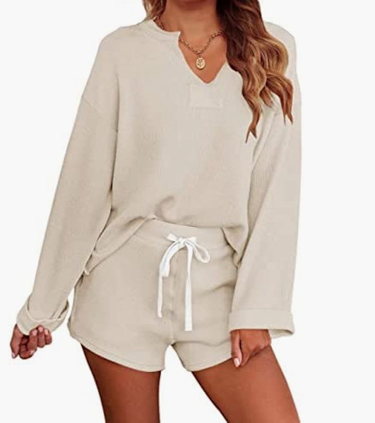 MEROKEETY Long Sleeve Henley Loungewear Set