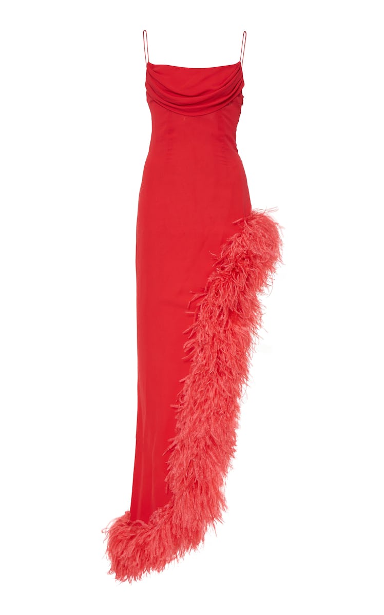 Alessandra Rich Feather-Trimmed Asymmetric Silk Georgette Gown
