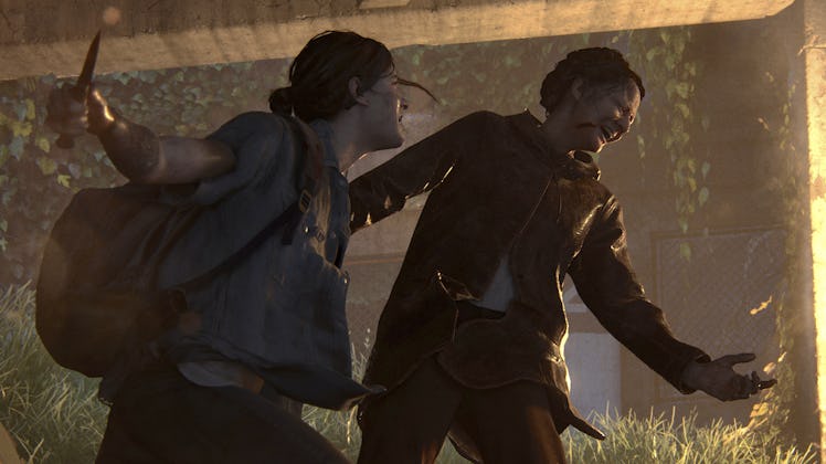 Ellie swings a knife at a Scar soldier in The Last of Us Part II