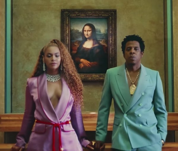  Beyoncé  and Jay-Z pose together in the 'Apesh*t' video. Screenshot via YouTube