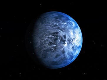 blue exoplanet with swirling atmosphere