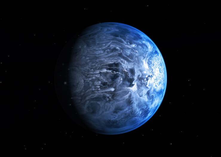 blue exoplanet with swirling atmosphere