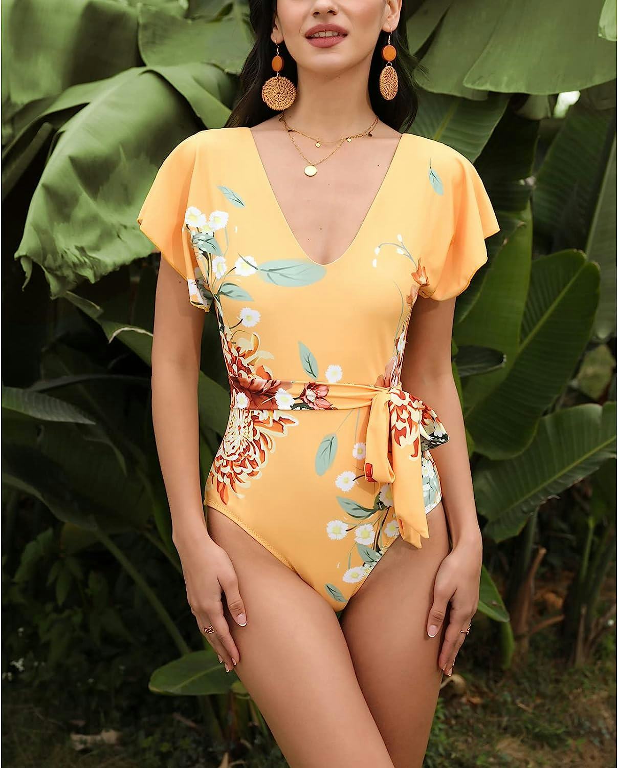 Byinns V-Neck One-Piece Swimsuit With Sleeves