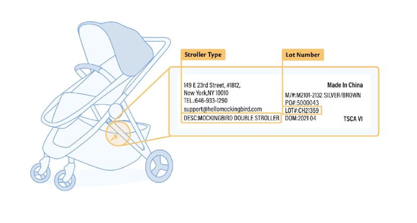 A diagram of a Mockingbird Single Stroller indicating where customers can find lot and model numbers...