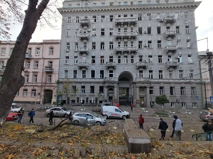 a picture of a bombed building in Ukraine