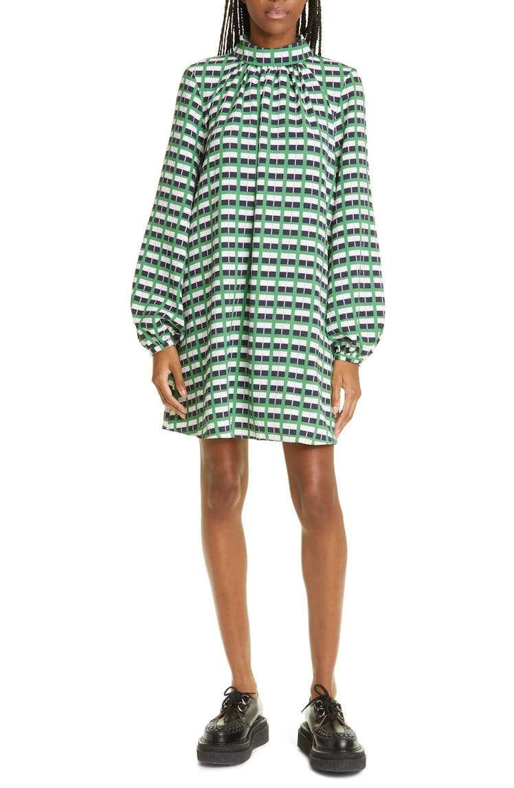 Solaries Retro Check Long Sleeve A-Line Minidress