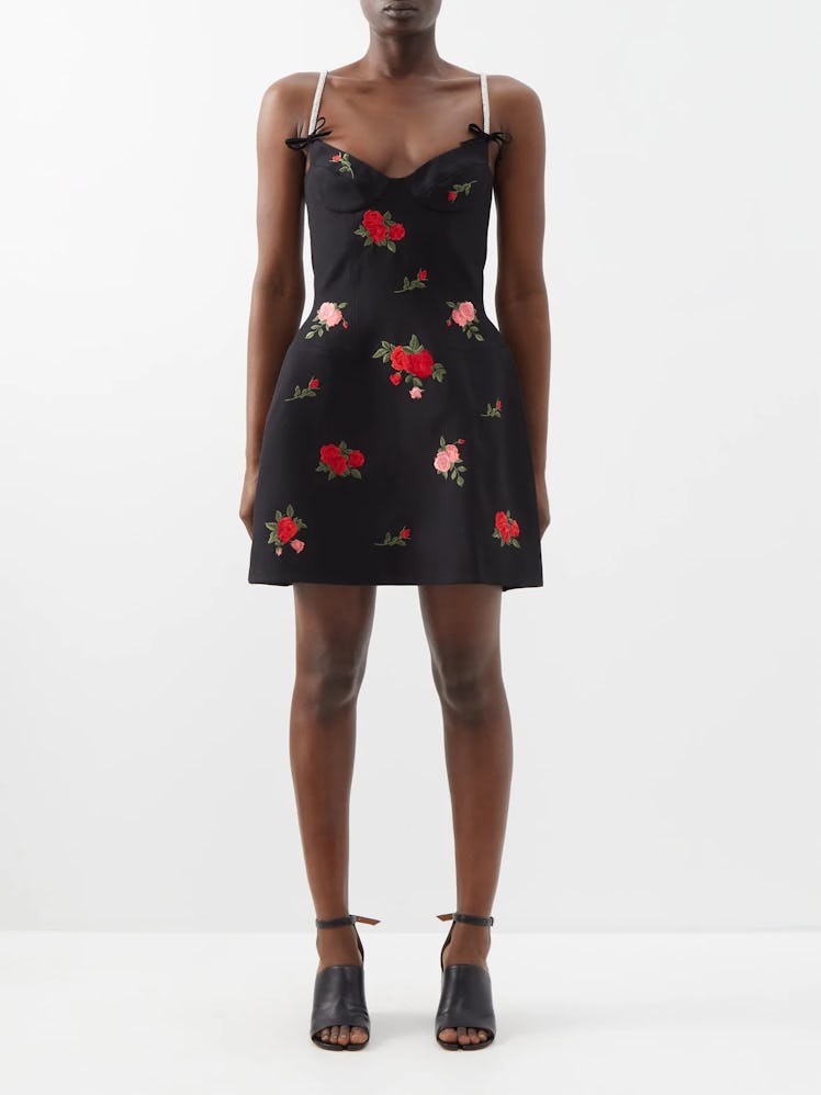 Floral-Embroidered Wool-Blend Mini Dress