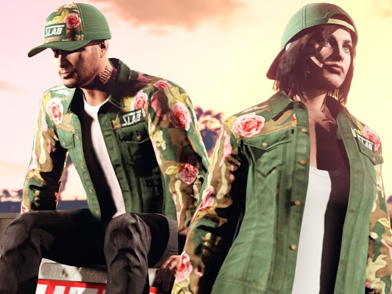 GTA models posed in olive green floral streetwear