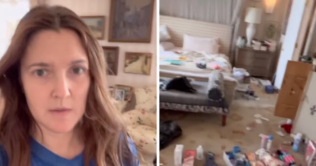 Actor Drew Barrymore shared before and after cleaning photos of her bedroom, normalizing messy space...