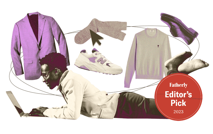A man lying on his stomach browsing for clothing on his laptop while the clothing rotates above him