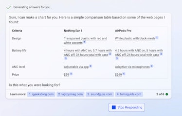 Microsoft Bing chat feature showing chart of AirPods Pro and Nothing Ear 1 earbuds