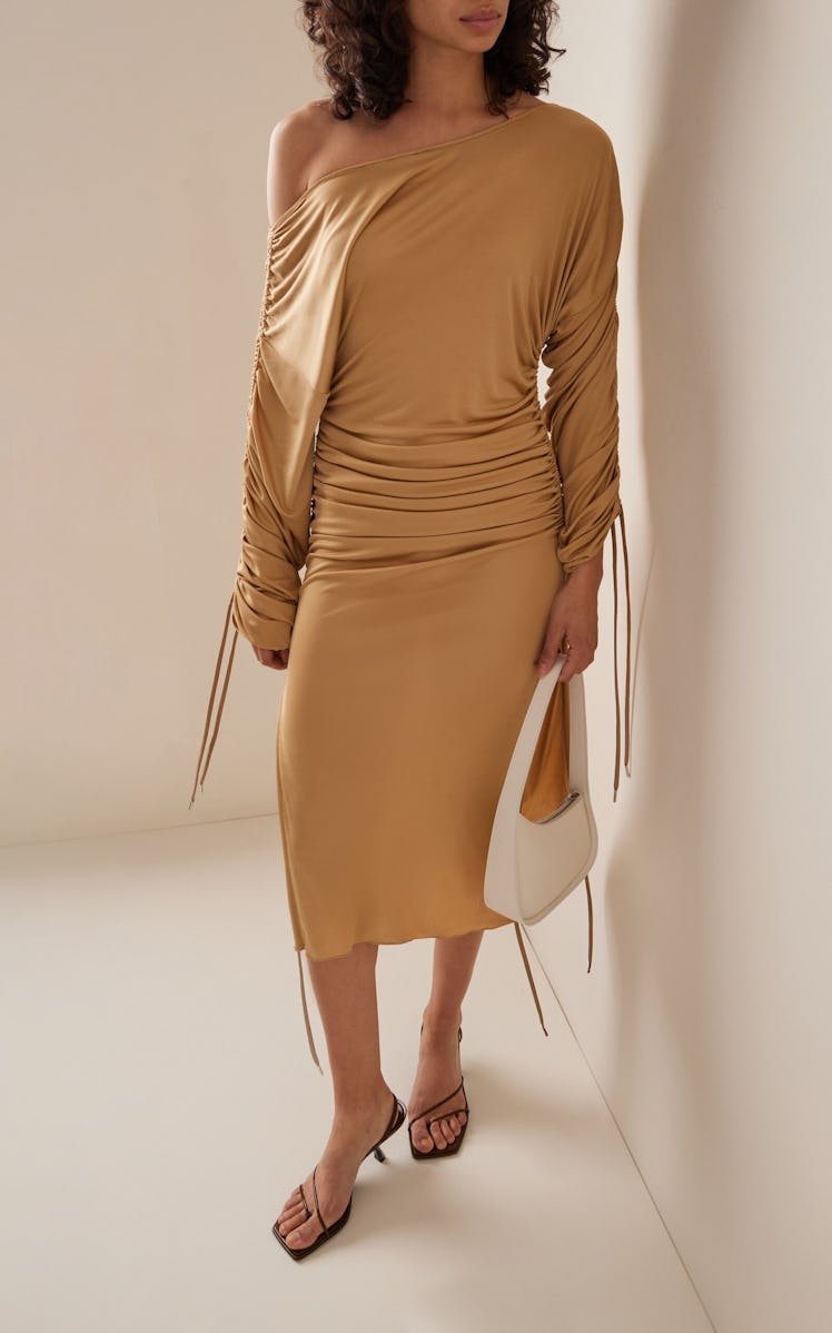 Exclusive Asymmetric Ruched Shiny Jersey Midi Dress