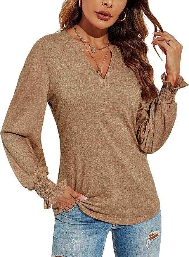 Romanstii Women Casual V-Neck T-Shirts Loose Puff Short-Sleeve