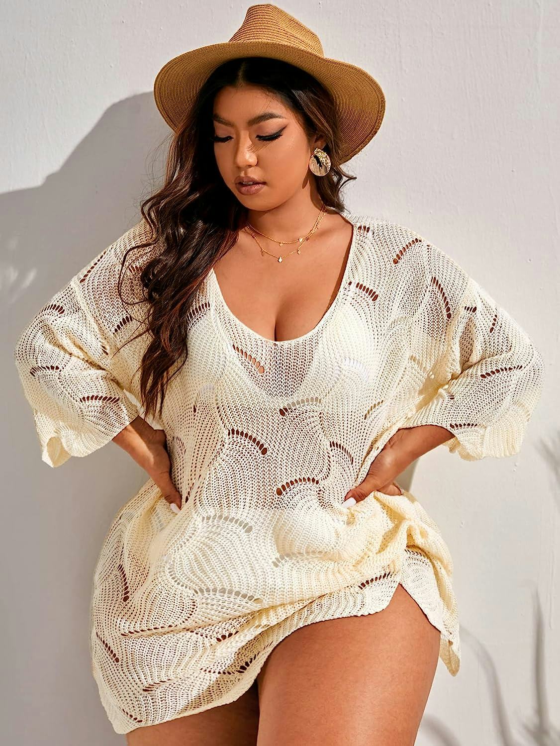 MakeMeChic Plus Size Crochet Beach Dress