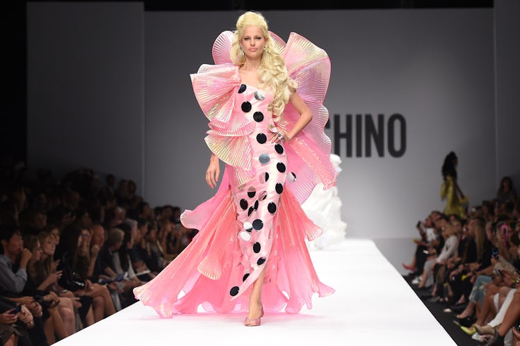 A model walks the runway during the Moschino show as a part of Milan Fashion Week Womenswear Spring/...