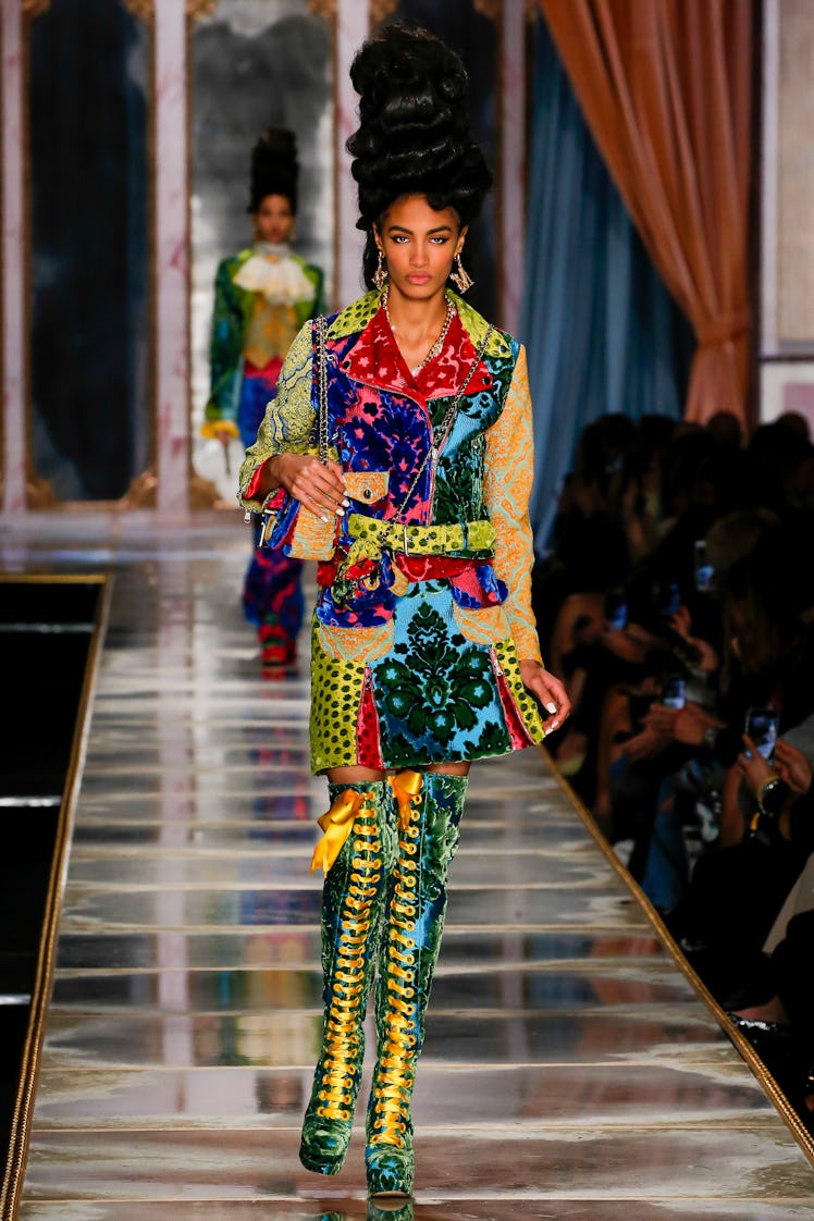 A model walks the runway during the Moschino Ready to Wear Fall/Winter 2020-2021 fashion show as par...