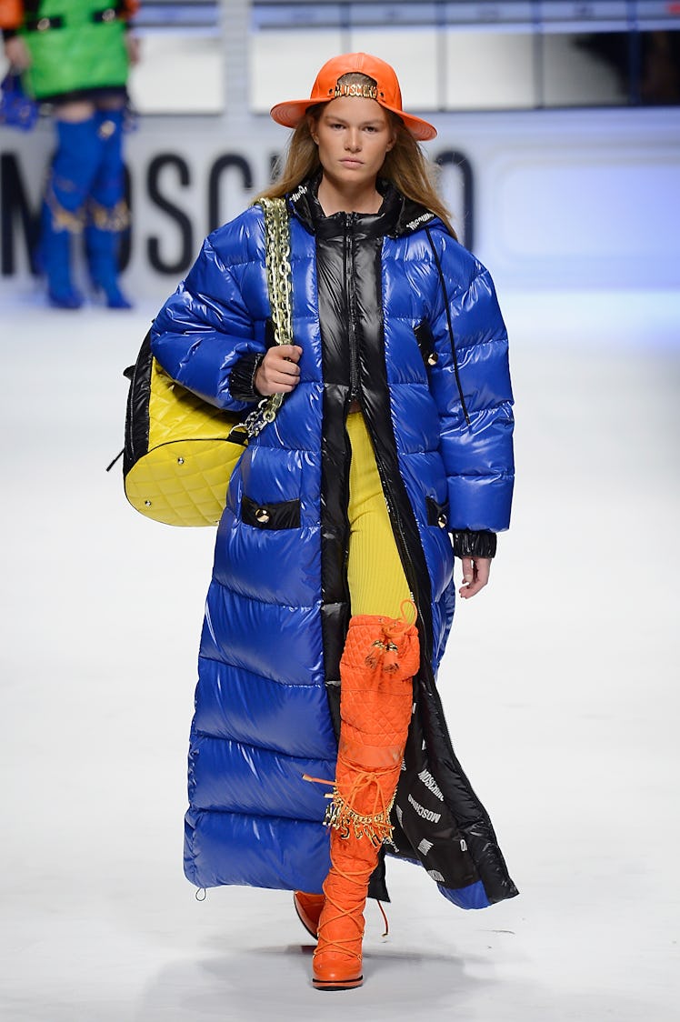 A model walks the runway at the Moschino show during the Milan Fashion Week Autumn/Winter 2015 on Fe...