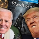 Biden and Trump argue over a collage of FromSoftware games.