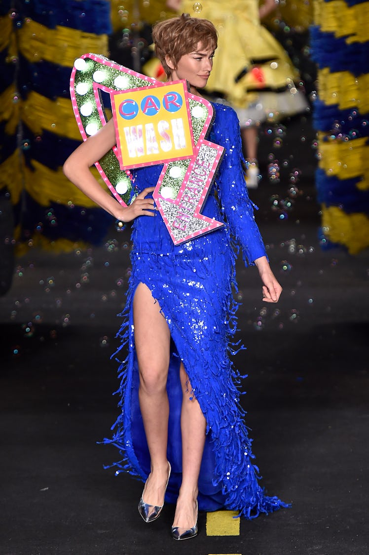 A model walks the runway at the Moschino Spring Summer 2016 fashion show during Milan Fashion Week o...