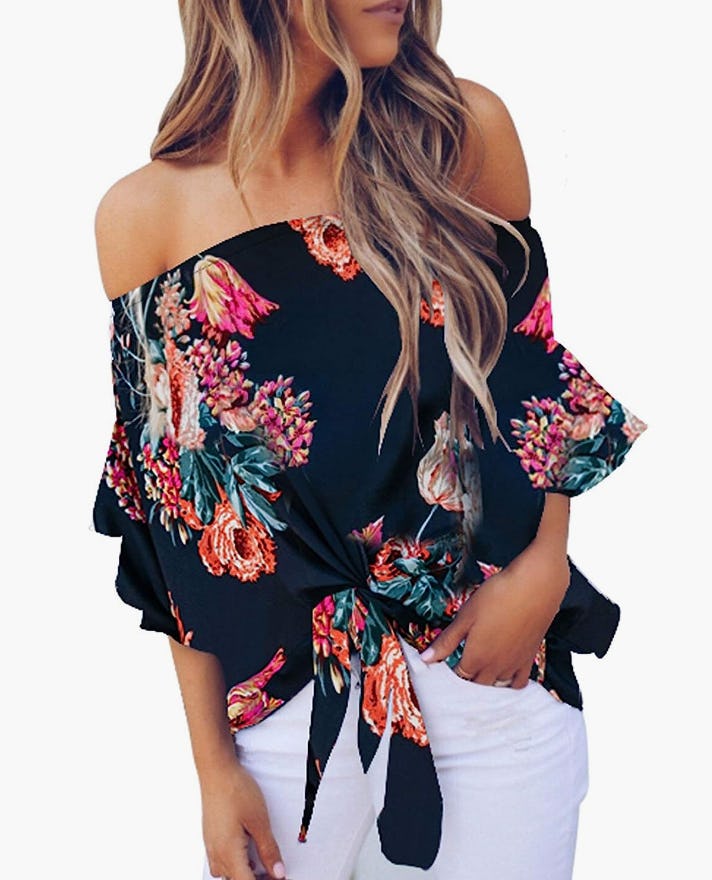 Asvivid Floral Print Flare Sleeve Blouse
